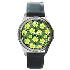 Bloom Flowering Yellow Blade Green Round Metal Watch by Loisa77