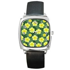 Bloom Flowering Yellow Blade Green Square Metal Watch by Loisa77