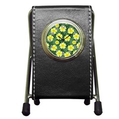 Bloom Flowering Yellow Blade Green Pen Holder Desk Clock by Loisa77