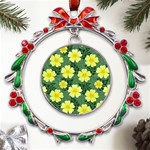 Bloom Flowering Yellow Blade Green Metal X mas Wreath Ribbon Ornament Front