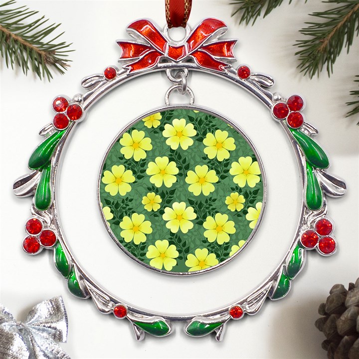 Bloom Flowering Yellow Blade Green Metal X mas Wreath Ribbon Ornament