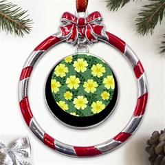 Bloom Flowering Yellow Blade Green Metal Red Ribbon Round Ornament by Loisa77