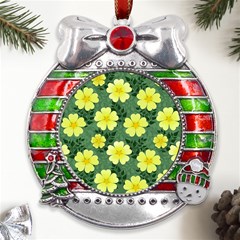 Bloom Flowering Yellow Blade Green Metal X mas Ribbon With Red Crystal Round Ornament by Loisa77