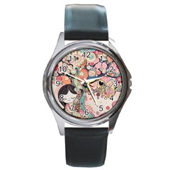 Whimsical Colorful Young Girl Round Metal Watch by Loisa77