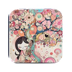 Whimsical Colorful Young Girl Square Metal Box (black) by Loisa77