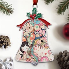 Whimsical Colorful Young Girl Metal Holly Leaf Bell Ornament