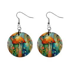 Whimsical Mushrooms Colorful Patterns Mini Button Earrings by Loisa77