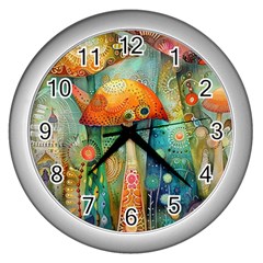 Whimsical Mushrooms Colorful Patterns Wall Clock (silver) by Loisa77