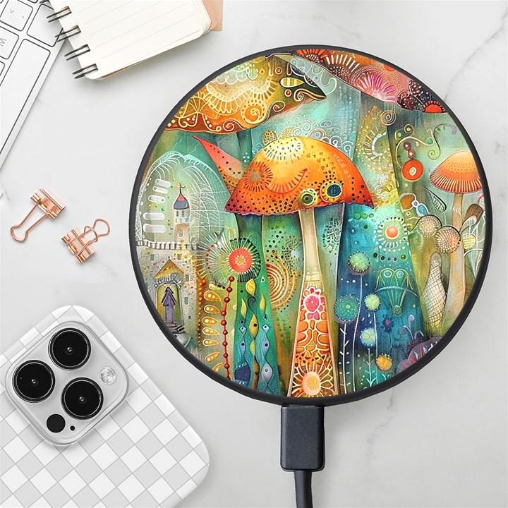 Whimsical Mushrooms Colorful Patterns Wireless Fast Charger(Black)