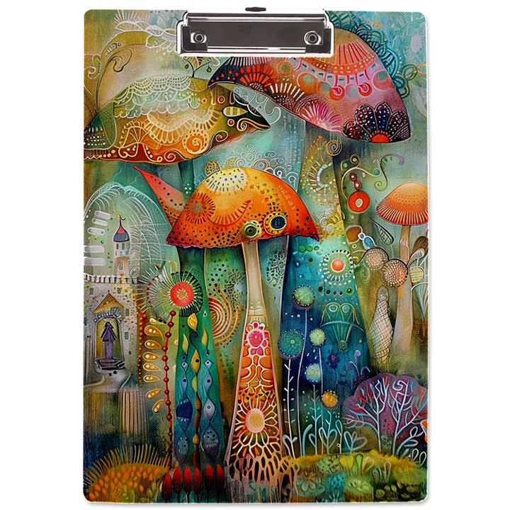 Whimsical Mushrooms Colorful Patterns A4 Acrylic Clipboard