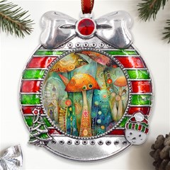 Whimsical Mushrooms Colorful Patterns Metal X mas Ribbon With Red Crystal Round Ornament by Loisa77