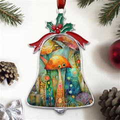 Whimsical Mushrooms Colorful Patterns Metal Holly Leaf Bell Ornament