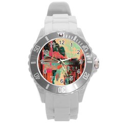 Backgrounds Multi Colored Abstract Round Plastic Sport Watch (l) by Loisa77