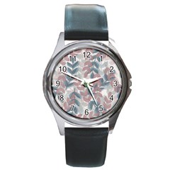 Leaves Pattern Background Nature Round Metal Watch by Loisa77