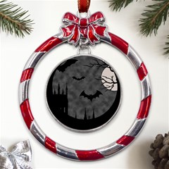 Halloween Background Halloween Scene Metal Red Ribbon Round Ornament by Ket1n9