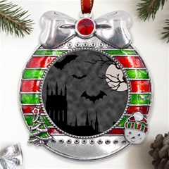 Halloween Background Halloween Scene Metal X mas Ribbon With Red Crystal Round Ornament by Ket1n9