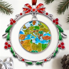 World Map Metal X mas Wreath Ribbon Ornament by Ket1n9