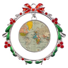 Vintage World Map Metal X mas Wreath Ribbon Ornament by Ket1n9