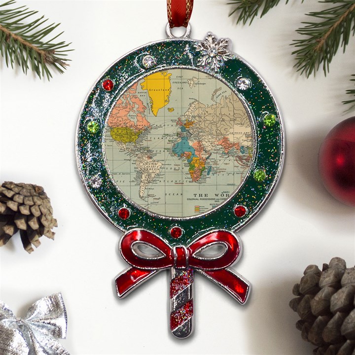 Vintage World Map Metal X Mas Lollipop with Crystal Ornament