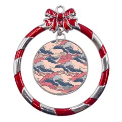 Waves Ocean Sea Water Pattern Rough Seas Digital Art Nature Nautical Metal Red Ribbon Round Ornament by Bedest