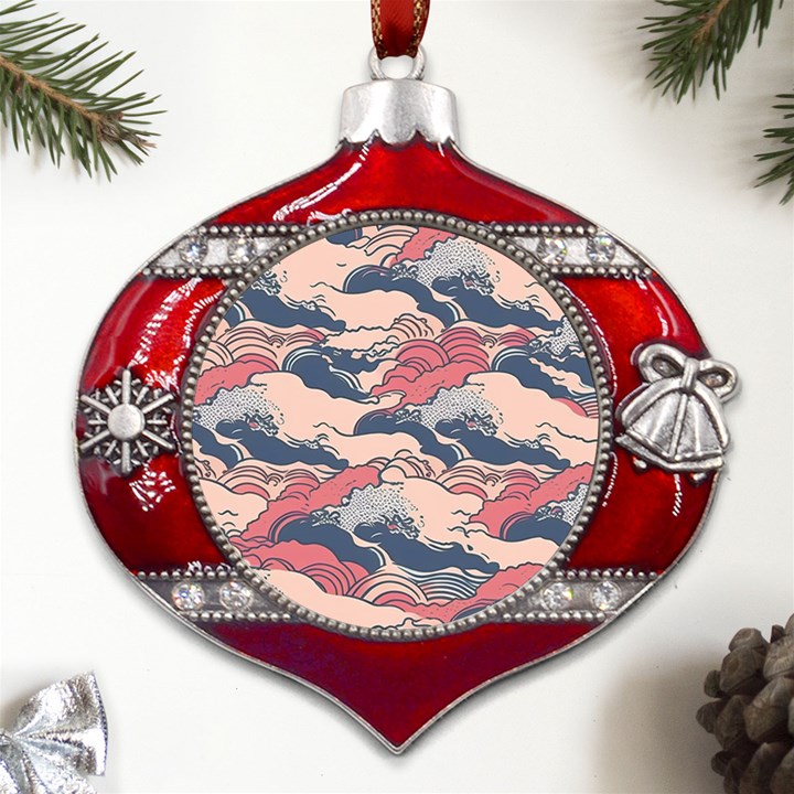 Waves Ocean Sea Water Pattern Rough Seas Digital Art Nature Nautical Metal Snowflake And Bell Red Ornament