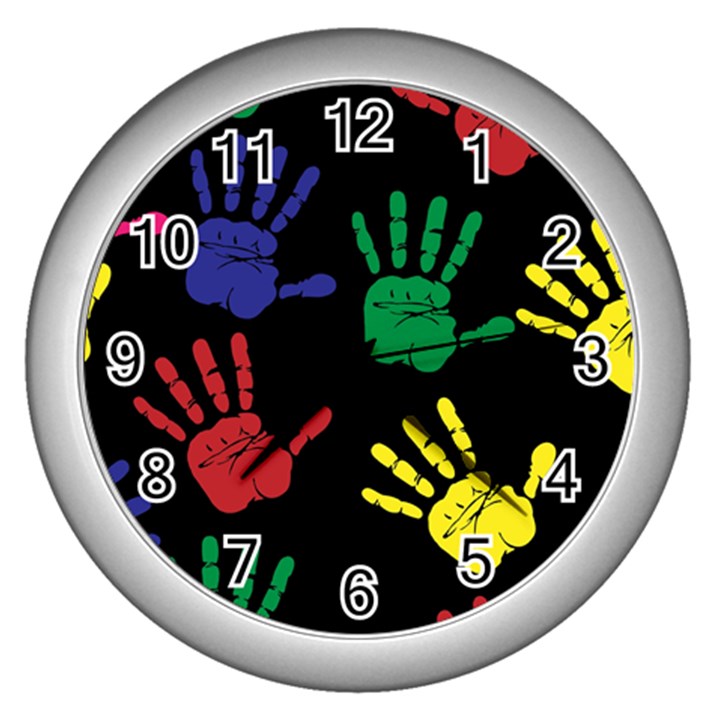 Handprints Hand Print Colourful Wall Clock (Silver)