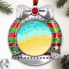 Abstract Background Beach Coast Metal X mas Ribbon With Red Crystal Round Ornament