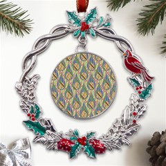 Tribal Background Boho Batik Metal X mas Wreath Holly Leaf Ornament