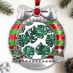 Illustrations Monstera Leafes Metal X mas Ribbon With Red Crystal Round Ornament by anzea