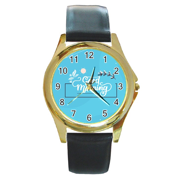 Background Good Morning Round Gold Metal Watch