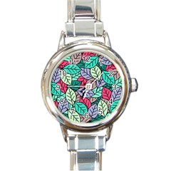 Pattern Leaves Background Nature Round Italian Charm Watch by Proyonanggan