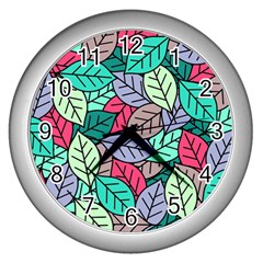 Pattern Leaves Background Nature Wall Clock (silver) by Proyonanggan