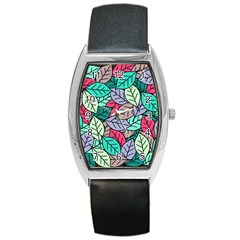 Pattern Leaves Background Nature Barrel Style Metal Watch by Proyonanggan