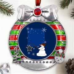 Snowman Metal X mas Ribbon With Red Crystal Round Ornament