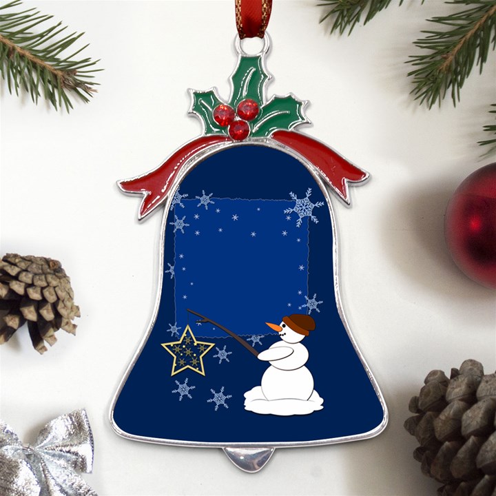 Snowman Metal Holly Leaf Bell Ornament