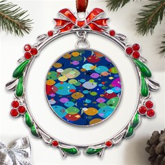 Illustrations Sea Fish Swimming Colors Metal X mas Wreath Ribbon Ornament by anzea