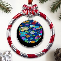 Illustrations Sea Fish Swimming Colors Metal Red Ribbon Round Ornament by anzea