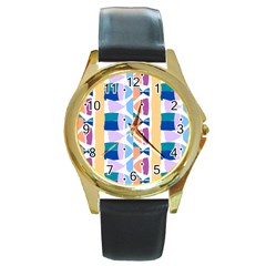 Illustrations Of Fish Texture Modulate Sea Pattern Round Gold Metal Watch by anzea