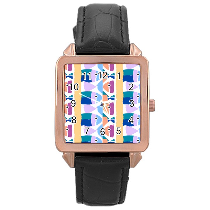 Illustrations Of Fish Texture Modulate Sea Pattern Rose Gold Leather Watch 