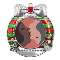 Illustrations Of Love And Kissing Women Metal X mas Ribbon With Red Crystal Round Ornament by anzea