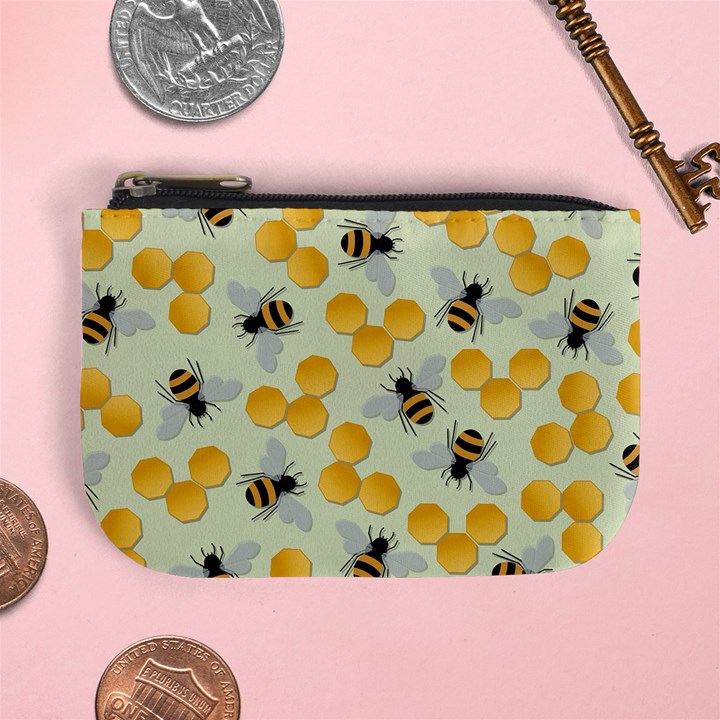 Bees Pattern Honey Bee Bug Honeycomb Honey Beehive Mini Coin Purse