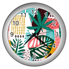 Abstract Seamless Pattern With Tropical Leaves Wall Clock (silver) by Hannah976