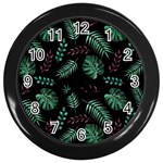 Tropical Leaves Pattern Wall Clock (Black) Front