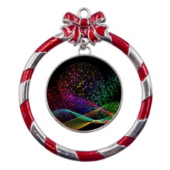 Particles Waves Line Multicoloured Metal Red Ribbon Round Ornament by Proyonanggan