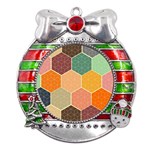 Abstract Hex Hexagon Grid Pattern Honeycomb Metal X Mas Ribbon With Red Crystal Round Ornament Front