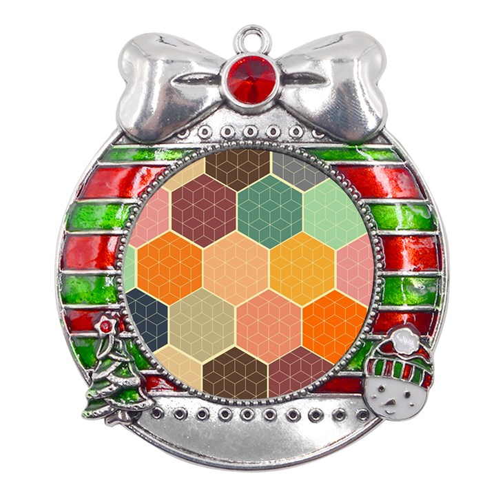 Abstract Hex Hexagon Grid Pattern Honeycomb Metal X Mas Ribbon With Red Crystal Round Ornament