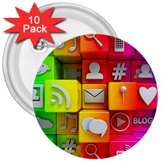 Colorful 3d Social Media 3  Buttons (10 Pack)  by Ket1n9