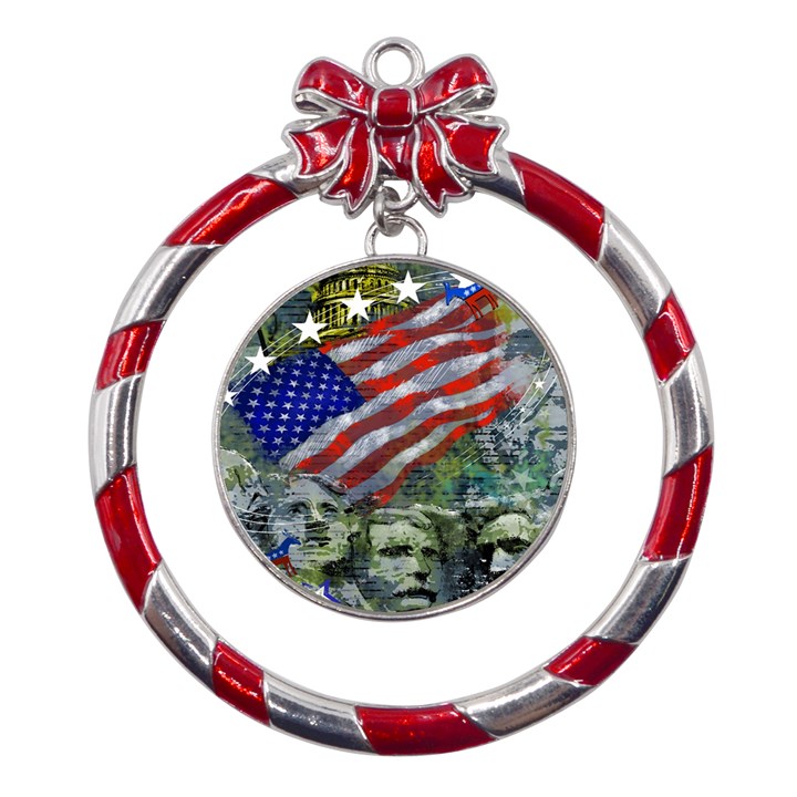 Usa United States Of America Images Independence Day Metal Red Ribbon Round Ornament