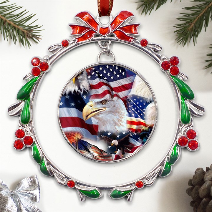 United States Of America Images Independence Day Metal X mas Wreath Ribbon Ornament