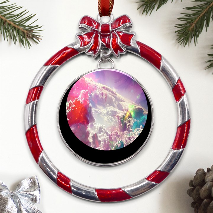 Clouds Multicolor Fantasy Art Skies Metal Red Ribbon Round Ornament